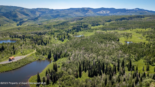 bird's eye view featuring a water and mountain view