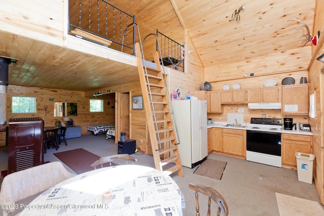 kitchen with wooden walls, sink, wooden ceiling, and white appliances