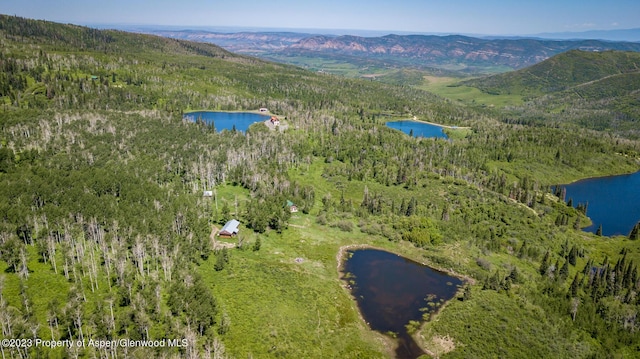 bird's eye view featuring a water and mountain view