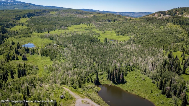 bird's eye view with a water and mountain view