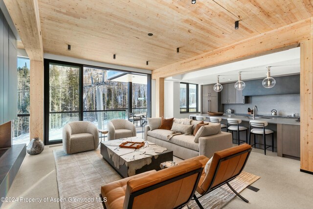 living room featuring sink, wooden ceiling, and plenty of natural light