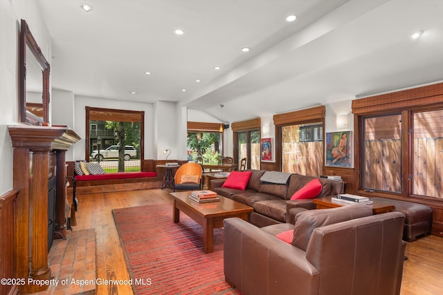 126 W Francis St, Aspen, CO 81611 - living area featuring light wood-style floors, recessed lighting, and lofted ceiling