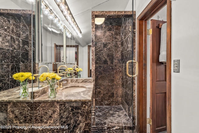126 W Francis St, Aspen, CO 81611 - bathroom with vanity, a stall shower, and vaulted ceiling