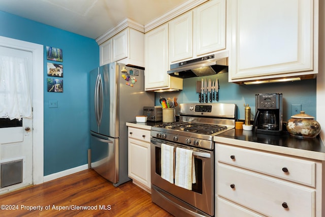 kitchen with white cabinets, dark hardwood / wood-style floors, and appliances with stainless steel finishes