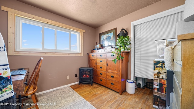 25 W 20th St, Craig, CO 81625 - home office featuring a wood stove, light wood finished floors, and a textured ceiling