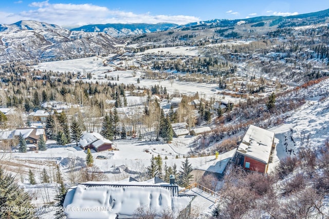 snowy aerial view with a mountain view