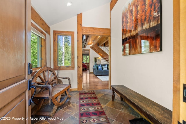 117 Deer Ln, Marble, CO 81623 - foyer featuring lofted ceiling, stone tile flooring, and recessed lighting