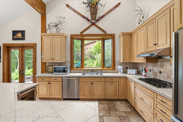 117 Deer Ln, Marble, CO 81623 - kitchen with stainless steel appliances, tasteful backsplash, wine cooler, under cabinet range hood, and plenty of natural light