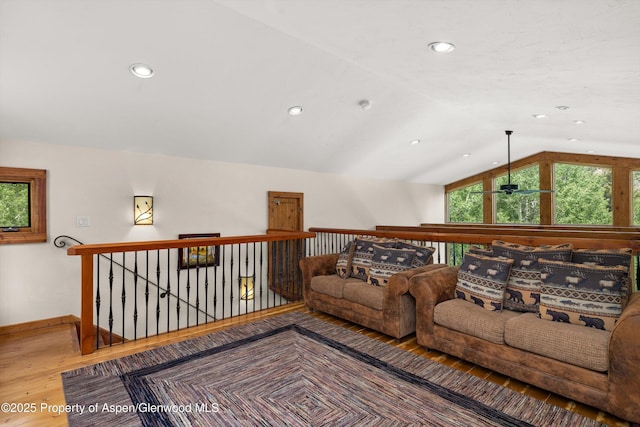 117 Deer Ln, Marble, CO 81623 - living area with wood finished floors, vaulted ceiling, a ceiling fan, and recessed lighting
