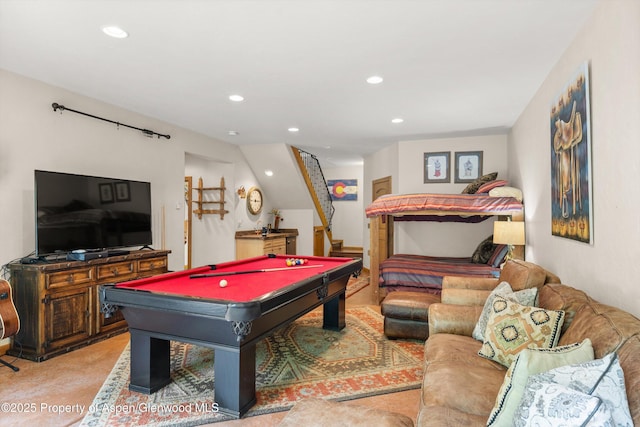 117 Deer Ln, Marble, CO 81623 - recreation room featuring recessed lighting, billiards table, and light colored carpet