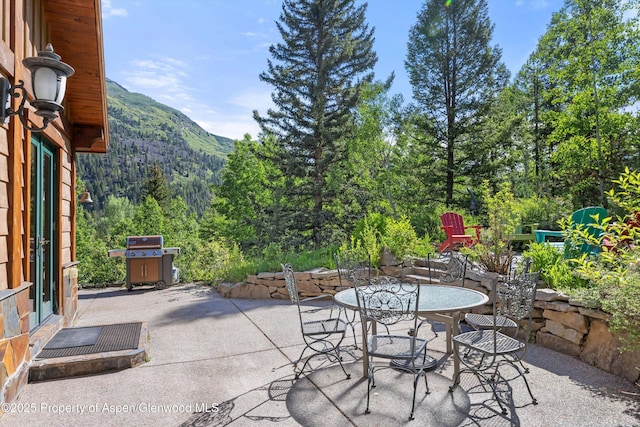 117 Deer Ln, Marble, CO 81623 - view of patio / terrace featuring a mountain view, a grill, outdoor dining space, and a forest view