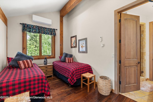 117 Deer Ln, Marble, CO 81623 - bedroom with a wall mounted air conditioner, vaulted ceiling, and wood-type flooring