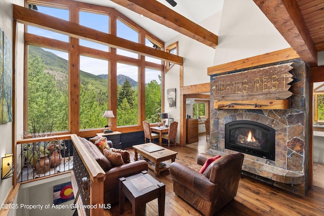 117 Deer Ln, Marble, CO 81623 - living room with beamed ceiling, hardwood / wood-style floors, a mountain view, a fireplace, and high vaulted ceiling