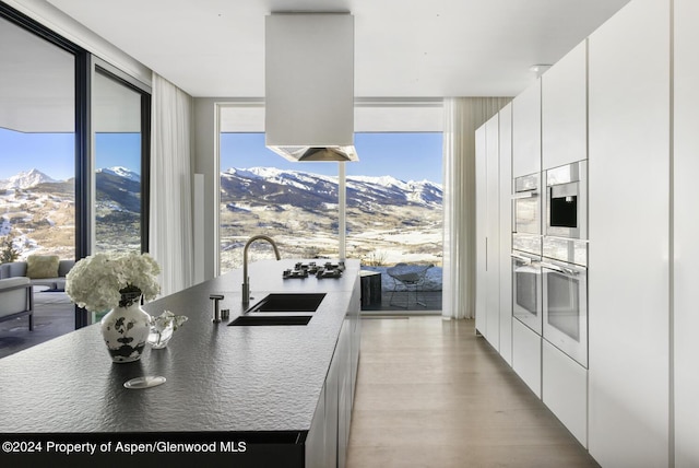542 Carroll Dr, Aspen, CO 81611 - kitchen with floor to ceiling windows, a sink, modern cabinets, a mountain view, and white cabinetry