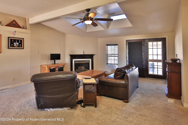 living room featuring light carpet, french doors, ceiling fan, and lofted ceiling with beams