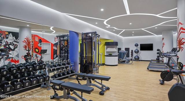 workout area with hardwood / wood-style floors