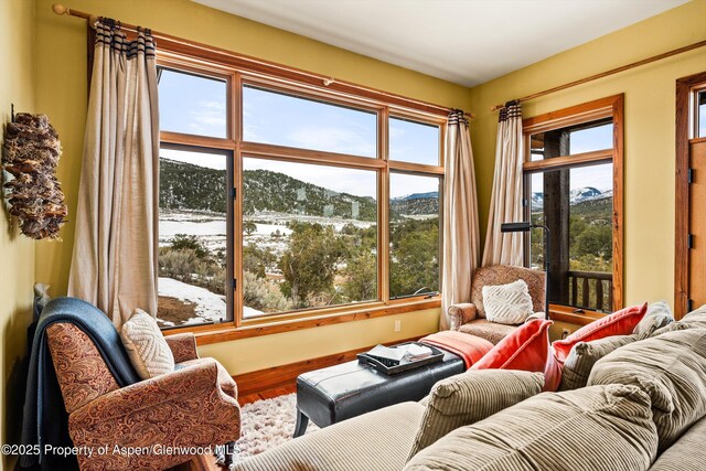 living room featuring a mountain view