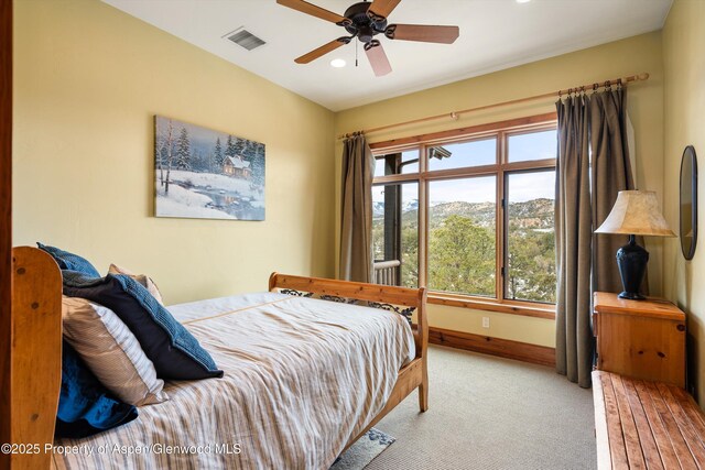 bedroom with light carpet, baseboards, visible vents, ceiling fan, and recessed lighting