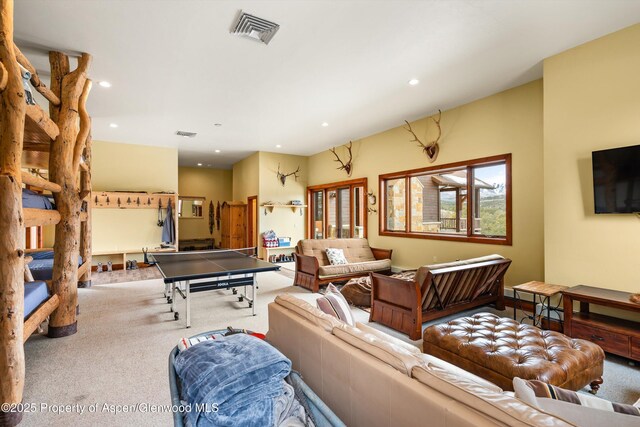 game room featuring carpet floors, visible vents, and recessed lighting