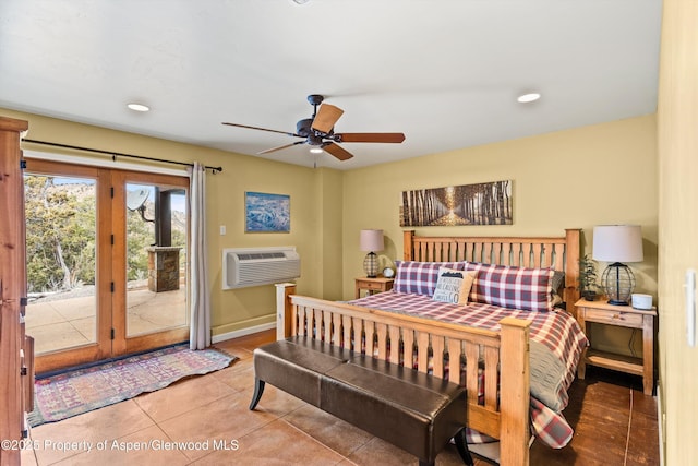 bedroom featuring access to exterior, tile patterned floors, an AC wall unit, and ceiling fan