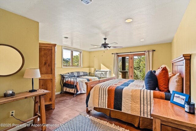 tiled bedroom with ceiling fan, access to outside, and recessed lighting