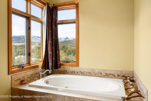 bathroom featuring a bath, a mountain view, and a healthy amount of sunlight