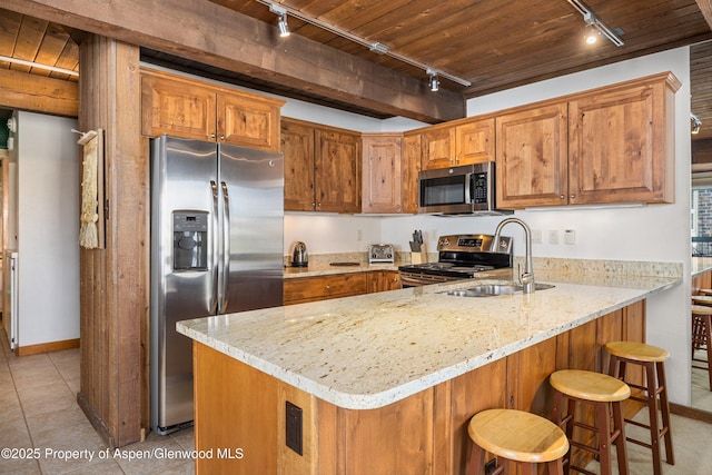 kitchen with kitchen peninsula, wooden ceiling, track lighting, and appliances with stainless steel finishes