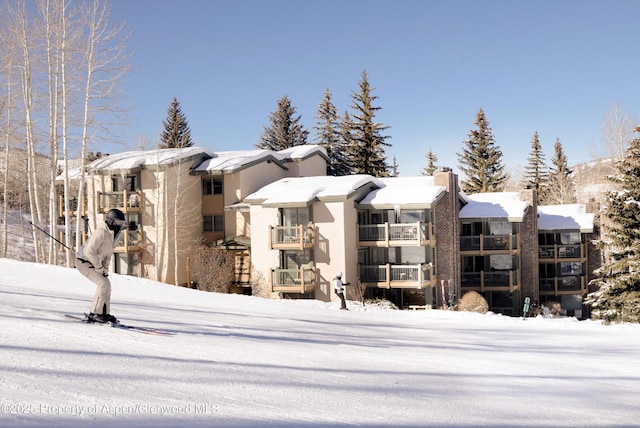 view of snow covered building