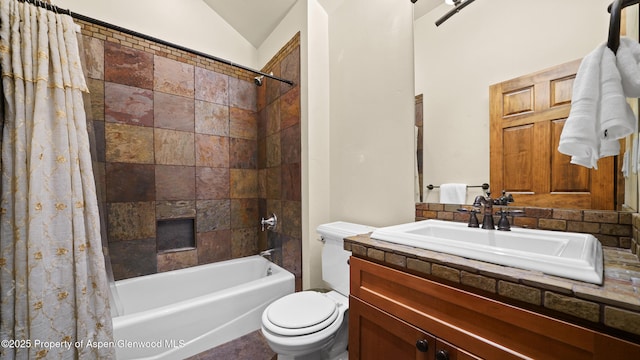 225 Juniper Ct, Basalt, CO 81621 - full bathroom featuring shower / bath combination with curtain, vanity, lofted ceiling, and a fireplace