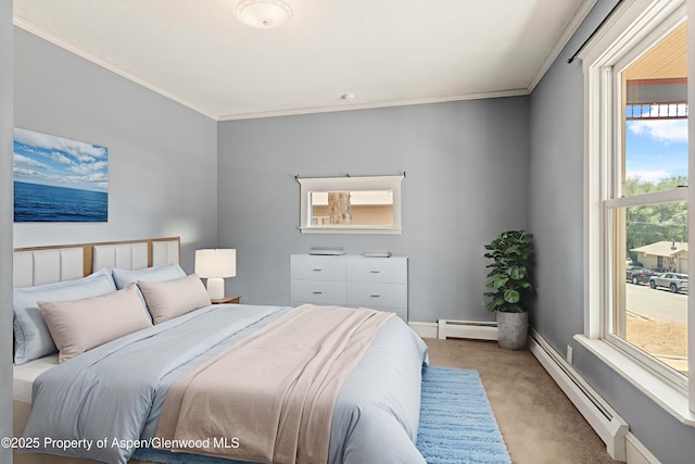 440 Whiteriver Ave, Rifle, CO 81650 - bedroom featuring carpet flooring, crown molding, a baseboard radiator, and multiple windows
