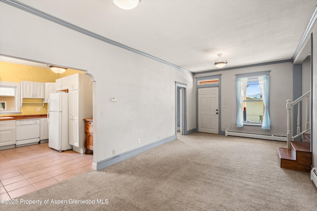 440 Whiteriver Ave, Rifle, CO 81650 - unfurnished living room featuring a baseboard radiator, crown molding, light carpet, arched walkways, and stairway