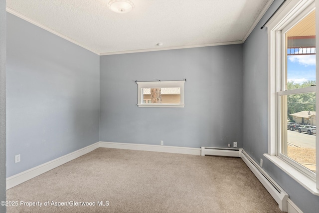 440 Whiteriver Ave, Rifle, CO 81650 - carpeted spare room with crown molding, a baseboard heating unit, and a textured ceiling