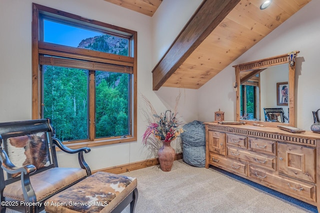 606 Dorais Way, Redstone, CO 81623 - sitting room with carpet, vaulted ceiling, and wood ceiling