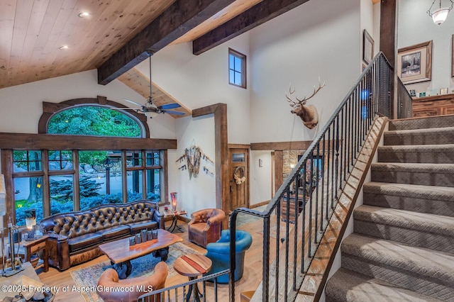 606 Dorais Way, Redstone, CO 81623 - living area with wood finished floors, high vaulted ceiling, a ceiling fan, stairs, and recessed lighting