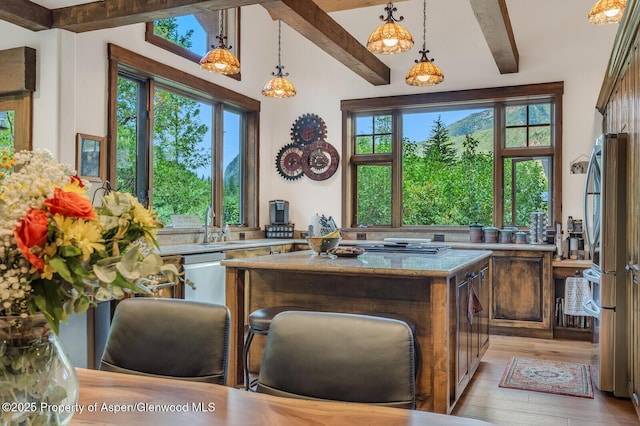 606 Dorais Way, Redstone, CO 81623 - kitchen featuring light wood-type flooring, pendant lighting, a center island, light stone countertops, and freestanding refrigerator