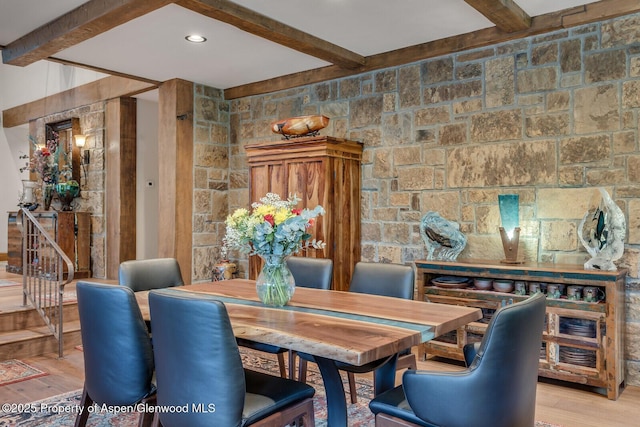 606 Dorais Way, Redstone, CO 81623 - dining area featuring beam ceiling, light wood-style floors, stairs, and recessed lighting