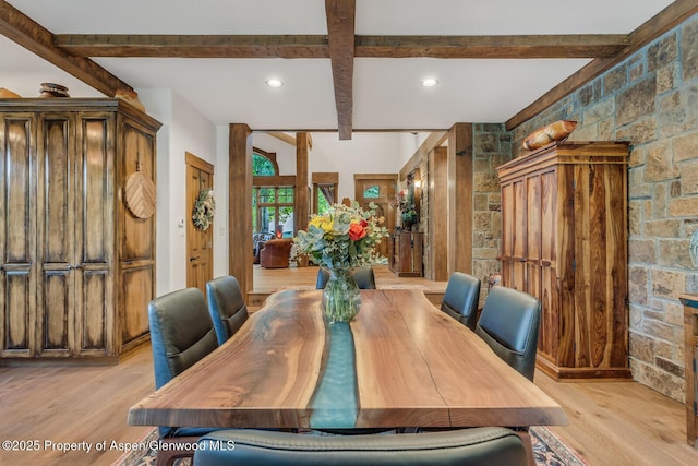 606 Dorais Way, Redstone, CO 81623 - dining space featuring beam ceiling, light wood-style floors, and recessed lighting