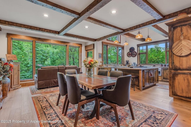 606 Dorais Way, Redstone, CO 81623 - dining area featuring light wood-style flooring, beamed ceiling, coffered ceiling, and recessed lighting