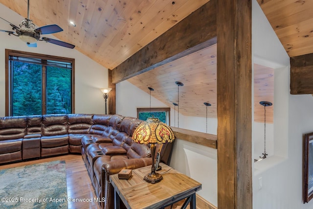 606 Dorais Way, Redstone, CO 81623 - living area featuring vaulted ceiling, wood finished floors, wooden ceiling, and ceiling fan