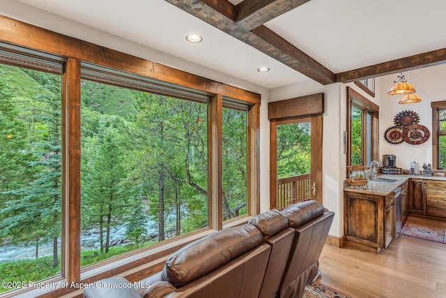 606 Dorais Way, Redstone, CO 81623 - living room with light wood-style flooring, plenty of natural light, recessed lighting, and beam ceiling