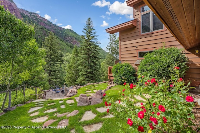 606 Dorais Way, Redstone, CO 81623 - view of yard featuring a mountain view, an outdoor fire pit, and a patio area