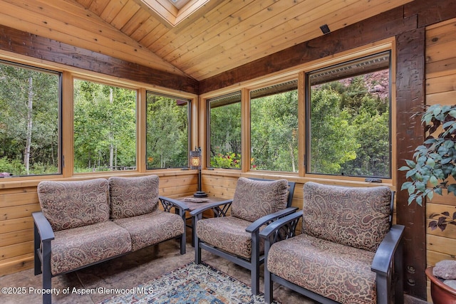 606 Dorais Way, Redstone, CO 81623 - sunroom / solarium with wooden walls, lofted ceiling, wooden ceiling, and a skylight