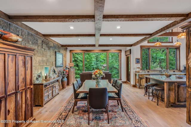 606 Dorais Way, Redstone, CO 81623 - dining area featuring beam ceiling, light wood-style flooring, and recessed lighting