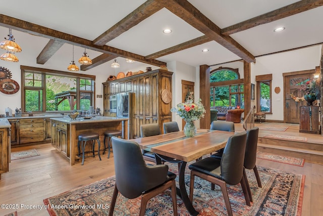 606 Dorais Way, Redstone, CO 81623 - dining space featuring light wood-style flooring, healthy amount of natural light, beam ceiling, and recessed lighting