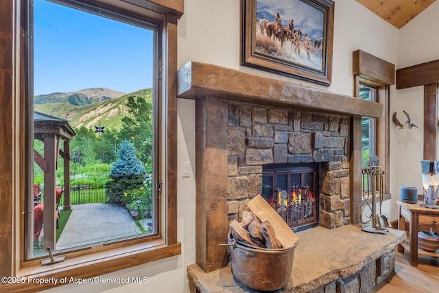 606 Dorais Way, Redstone, CO 81623 - detailed view of mountains, wood finished floors, and a fireplace