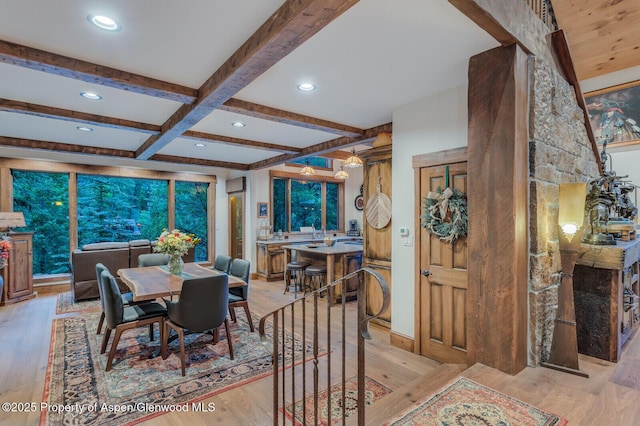 606 Dorais Way, Redstone, CO 81623 - dining space with coffered ceiling, beamed ceiling, light wood-style floors, and recessed lighting