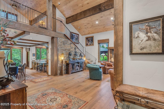 606 Dorais Way, Redstone, CO 81623 - living room with wood-type flooring, stairs, high vaulted ceiling, and a wood ceiling with exposed beams