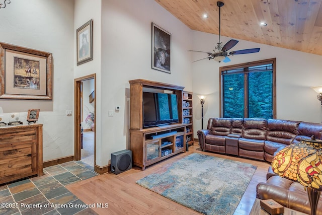 606 Dorais Way, Redstone, CO 81623 - living room with a ceiling fan, wooden ceiling, high vaulted ceiling, and recessed lighting