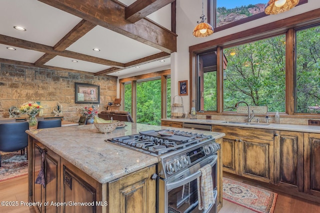 606 Dorais Way, Redstone, CO 81623 - kitchen featuring stainless steel gas range oven, light wood-type flooring, plenty of natural light, coffered ceiling, and beam ceiling