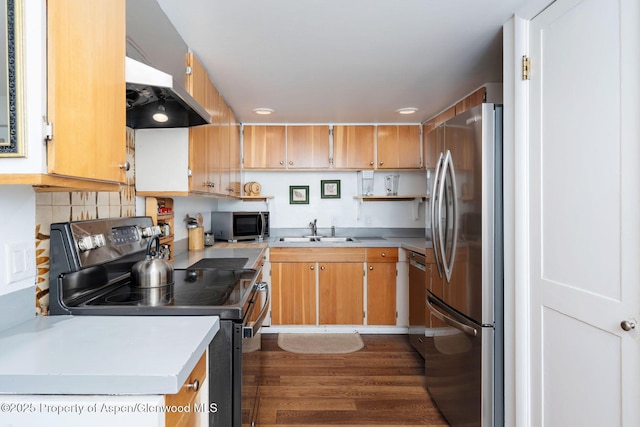 979 Queen St, Aspen, CO 81611 - kitchen featuring appliances with stainless steel finishes, light countertops, range hood, dark wood finished floors, and decorative backsplash